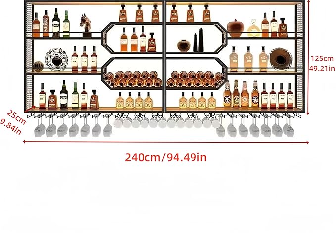 94 Inch 4-Tier Wine Rack Wall-Mounted & Large Bar Shelf for Liquor Bottles, Black Metal Storage for Wine and Liquor Bottles in Home Bars or Dining Rooms (No Lighting)