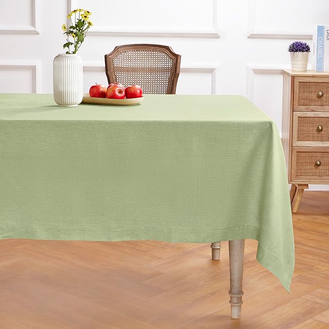 Solino Home Linen Tablecloth 60 x 132 Inch - 100% Pure Linen Chambray Olive Table Cloth for Rectangular Tables - Athena, Machine Washable Cloth Tablecloth for Christmas