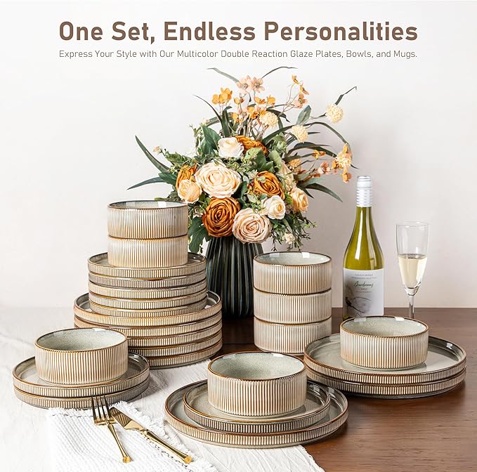 GBHOME Stoneware Dinnerware Sets for 8,Round Reactive Glaze Ceramic Plates and Bowls Set,Highly Scratch Resistant | Dishwasher & Microwave Safe Dishes Set,Service for 6(24Pcs),Green Wheat