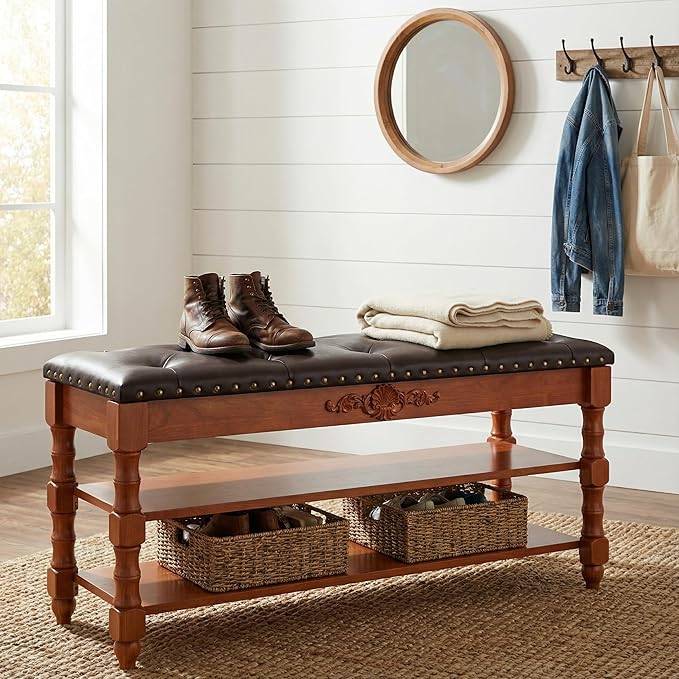 TRIBEWOOD 39-inch End of Bed Bench, Faux Leather Tufted Storage Bench with Lift Top Seat and 2 Tier Storage Shelves, Bedroom Bench Footrest Stool with Hidden Storage and Wood Leg, Vintage Style