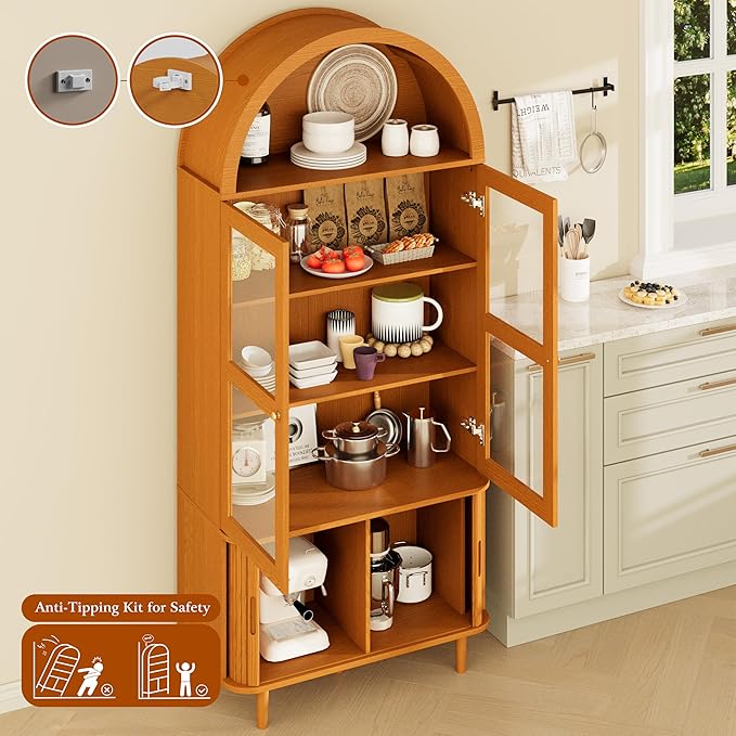 71" Tall Arched Kitchen Pantry, Modern Farmhouse Wood Kitchens Storage Cabinets with Sliding Doors竊?Adjustable Shelves, Versatile Cupboard for Kitchen, Living Dining Room, Bathroom (Yellow Walnut)