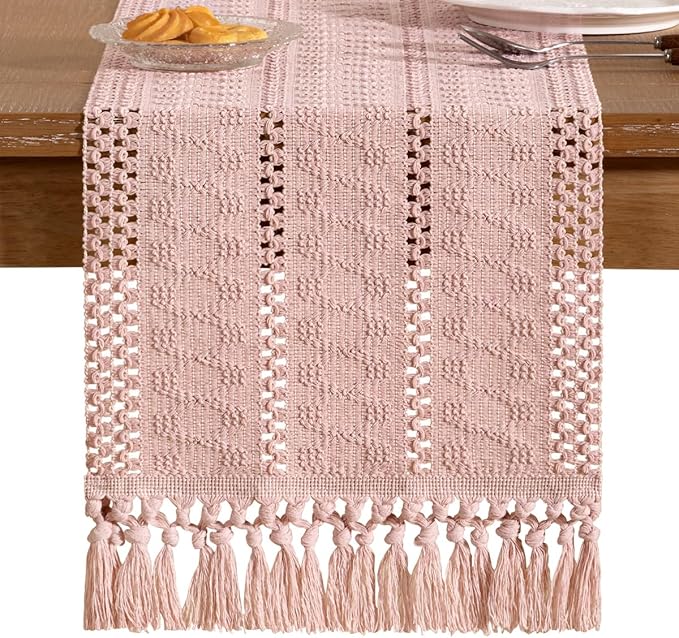 Socomi Boho Table Runner Valentine's Day Farmhouse Rustic Dining Kitchen Centerpiece Decor Small Macrame Woven Cotton Linen Coffee Table Runner for Dresser Scarf Home Decor 12x60 in Pink