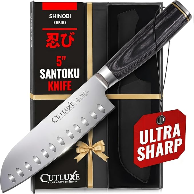 Santoku Knife ??Ultra Sharp 5 Inch Meat and Vegetable Japanese Knife for Chopping, High Carbon Stainless Steel Blade, Full Tang Pakkawood Handle ??Shinobi Series