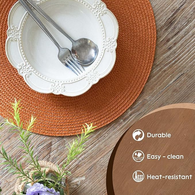 FunWheat Round Braided Placemats Set of 6 Table Mats for Dining Tables Woven Washable Non-Slip Place mats 15 Inch(Pumpkin Orange)