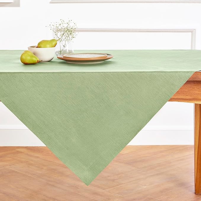 Solino Home Linen Tablecloth 52 x 52 Inch - 100% Pure Linen Laurel Green Square Tablecloth - Fete, Machine Washable Table Throw for Spring, Easter, St Patricks Day