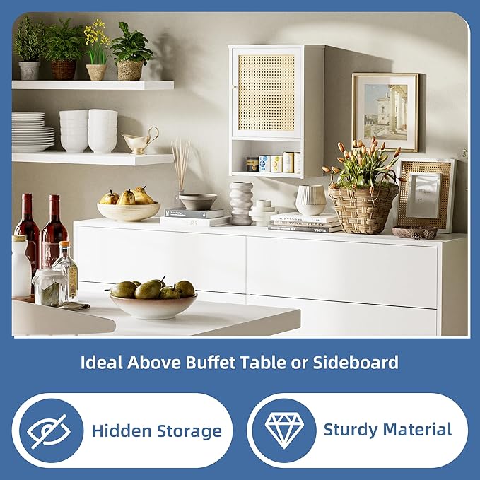 HITNET Bathroom Cabinet Wall Mounted, Rattan Medicine Cabinet, Bamboo Hanging Storage Organizer Over The Toilet with Adjustable Shelf for Living Room, Kitchen, Hallway (White)