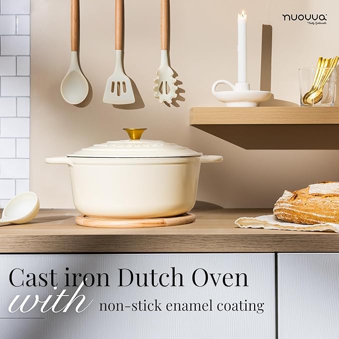 Cast Iron Pot with Lid ??Non-Stick Ovenproof Enamelled Casserole Pot, Oven Safe up to 500째 F ??Sturdy Dutch Oven Cookware ??Cream, 5-Quart, 24cm ??by Nuovva