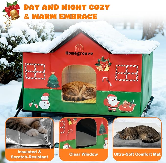 Homegroove Heated Cat House for Outside, 24x15.7x17 inches Extra Large Weatherproof & Insulated Heated Outdoor Cat House with Heating Pad, Christmas for Stray & Feral Cats