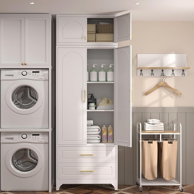 Kitchen Pantry Cabinet竊?0" Storage Cabinets with Doors and Shelves,Metal Pantry Cabinet with 2 Drawers,White Kitchen Cupboard for Livingroom,Pantry, Bathroom