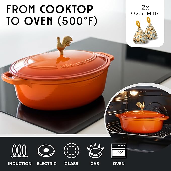 MUELLER HOME 5.5 Quart Enameled Cast Iron Oval Dutch Oven w Rooster Knob & Cotton Potholders, Heavy-Duty Cookware, Oven-Safe up to 500째 F & Across All Cooktops, Gifts for Grandma & Women, Orange
