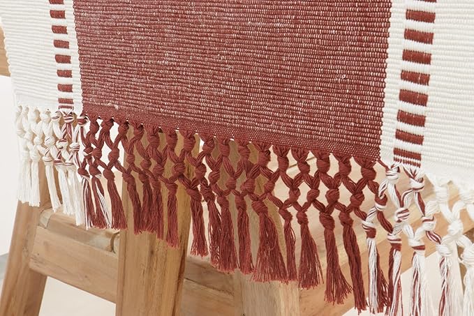 PurpleEssences Rust Table Runner - Wide with Dobby Stripe, Heavy Ribbed Weave & Double Knot Fringes, 14x72 Inch (14x77.5 with Fringes) Farmhouse Decor - Christmas Holiday Winter - Rust and H.White