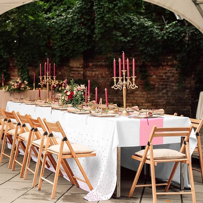 16Pack Disposable Plastic Tablecloths and Satin Table Runner Set White and Pink Dot Table Cloth Gold for Graduation Wedding Engagement Birthday Baby Shower Anniversary Holiday Party Decorations