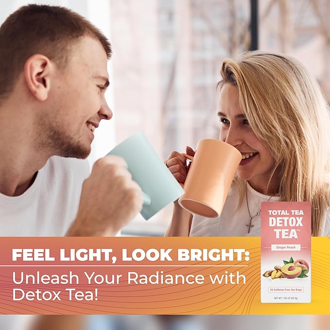 Total Tea SIimming Detox Tea Caffeine Free - 25 Day Detox - Weight l0ss for women with Chamomile, Hibiscus Tea & Ginger Root for Colon Cleanse ??Natural Herbal Ginger & Peach Fruit Tea for Digestive Health