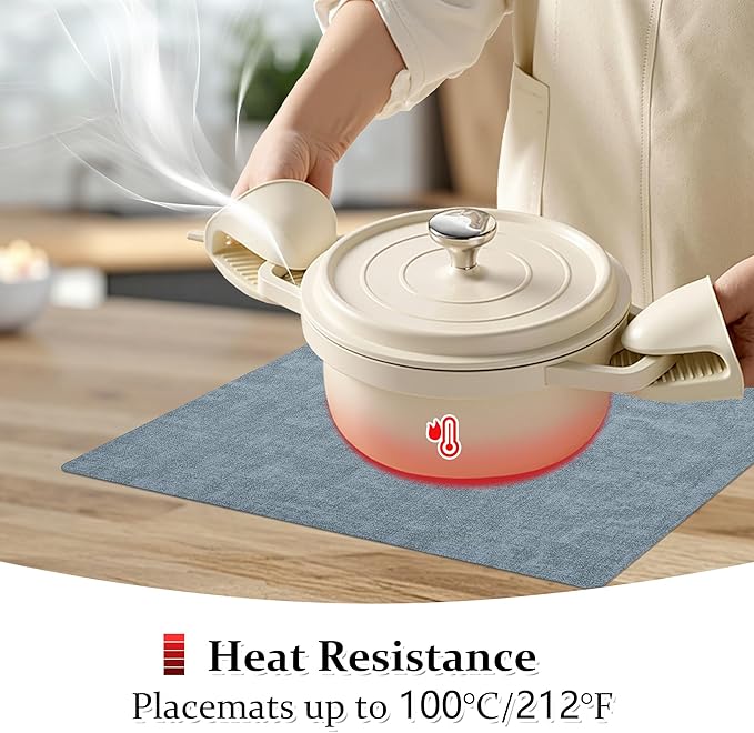 FROMHEART Faux Leather Placemats Set of 12?밯aterproof,Heat/Oil Stain-Resistant PU Table Mat?밨eversible,Non-Slip,Easy to Clean Place Mats for Kitchen,Dining,Indoor/Outdoor,(Light Blue,11.8" x 17")