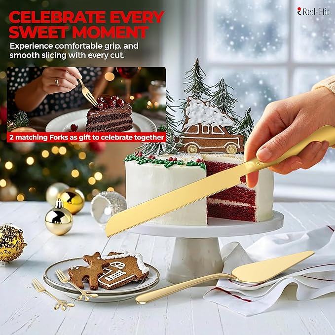 Elegant Gold Cake Knife and Server Set, Extra Thick Stainless Steel Cake Cutter and Cake Server with Bonus Forks & White Bows, Cake Cutting Set for Wedding, Birthday and Christmas Celebrations