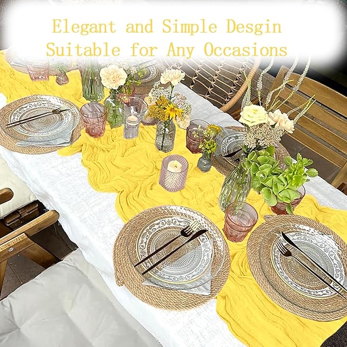 8 Pack Lemon Yellow Cheesecloth Table Runner 20 x 120 inch Gauze Table Runners 10 FT Long,Semi Sheer Boho Cheese Cloth Fabric Table Runner Bulk for Party,Wedding,Baby Shower,Bridal Shower Decoration
