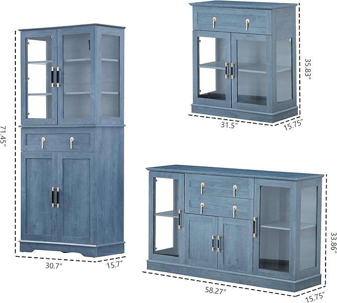 Storage Cabinet Set,Three Different cabinets with Glass Doors Fulfilling All Needs for Storage and Showcase,for Kitchen,a Pantry+Large Sideboard+Small Buffet Cabinet (Blue)