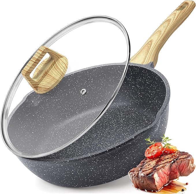 GiPP Nonstick Deep Frying Pan Skillet, 9.5" Saute Pan with Lid, Granite Induction Cookware Non Stick Cooking Pan, PFOA PFOS APEO Free