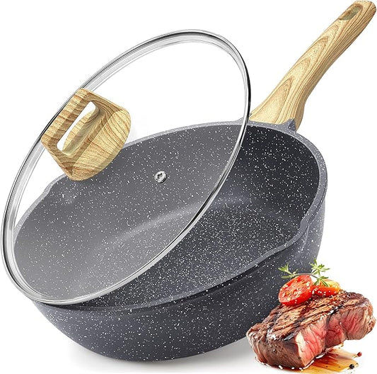 GiPP Nonstick Deep Frying Pan Skillet, 9.5" Saute Pan with Lid, Granite Induction Cookware Non Stick Cooking Pan, PFOA PFOS APEO Free