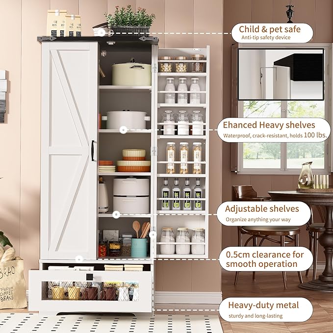 55" Pantry Storage Cabinet with Adjustable Shelvesand Drawer, Buffet Cupboard for Kitchen, LivingRoom, Bathroom, Dining Room