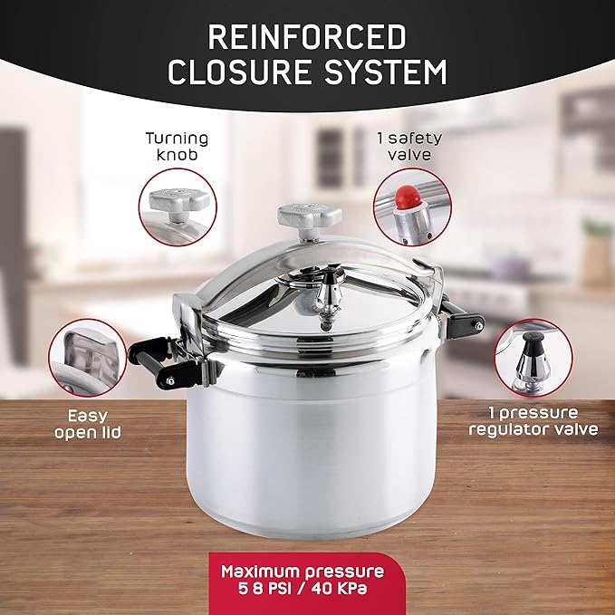 Universal (Large) 26-Quart Aluminum Pressure Cooker for Professional Use ??Commercial-Grade, 1 Safety Valve, Reinforced Handles, Easy-Open Lid, ??Ideal for Large Kitchens, and Restaurants