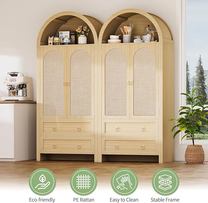 71" Arched Cabinet Kitchen Pantry Cabinet with Rattan Doors, Storage Cabinet with Drawers & Height Adjustable Shelves, Hutch Cabint with Storage, Tall Arched Bookcase for Dining Room Kitchen, Natural