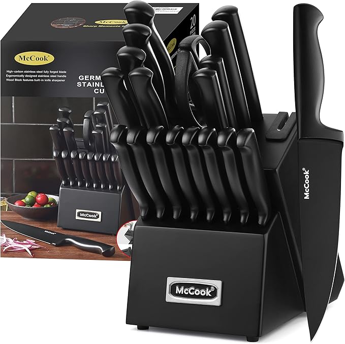 McCook짰 Premium Black Knife Sets,German Stainless Steel Kitchen Knives Block Set with Built-in Sharpener