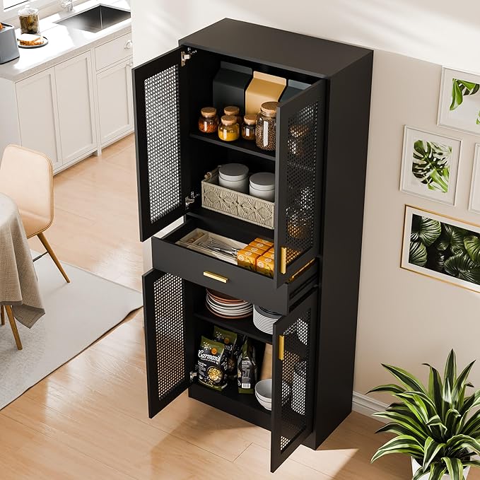 Cozy Castle Kitchen Pantry Cabinet, 71" Tall Rattan Doors Storage Cabinet with Large Drawer and Adjustable Shelves, Freestanding Rattan Pantry Cabinets for Kitchen, Dining Room, Living Room, Black