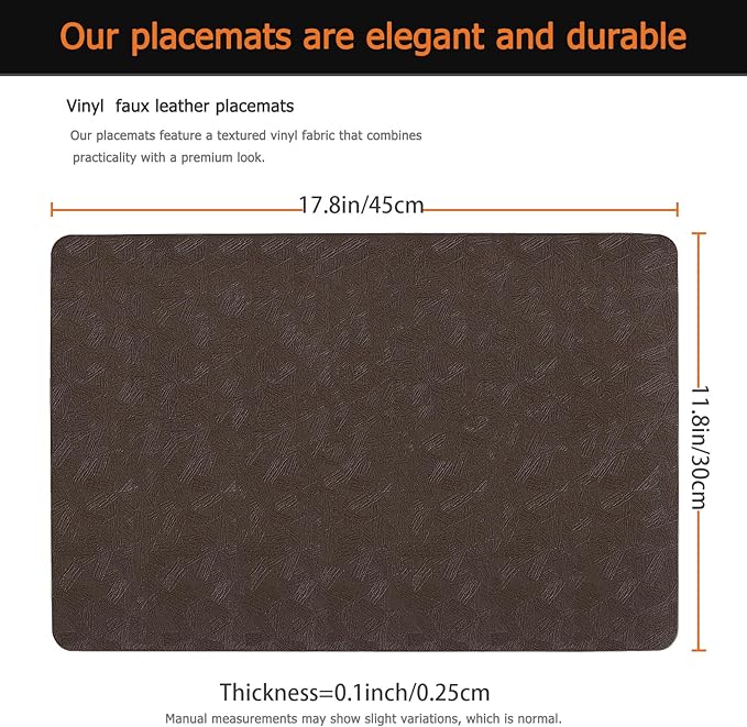 Uolr Vinyl Placemats Set of 6 Faux Leather 100% Waterproof Wipeable Washable Place Mats Heat Resistant Easy Clean Non-Slip Table Mats for Indoor Outdoor. (6,Coffee)