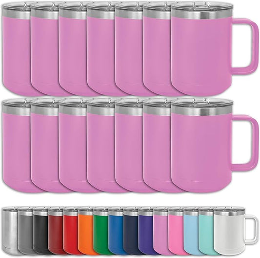 Clear Water Home Goods - (Bulk Pack of 12-15 oz Double Wall Coffee Mug with Lid and Handle, Double Insulated Stainless Steel Travel Tumbler Cup - Powder Coated - Light Purple