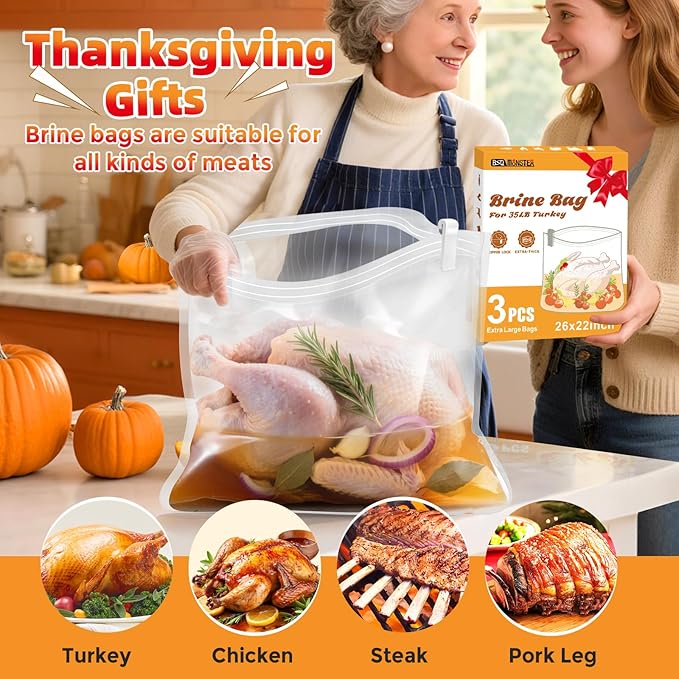 Turkey Brine Bag, Brining Bags for Turkey 25LB and Above with 3 Strings and Clips, Gifts for Mom, Dad or Men Who Loves Cooking in Kitchen, 26"x 22" Size Used for Marinating Turkey and Meat; 3PCS