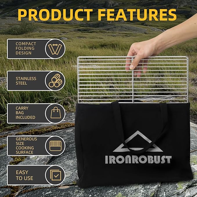 Stainless Steel Campfire Grill - Adjustable Height,360째 Rotatable & Foldable Camp Fire Cooking Equipment,Heavy Duty Portable Outdoor Open Flame Grilling Rack for Camping