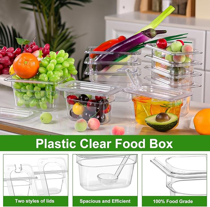 12 Pack Plastic Clear Food Pans with Lids, 1/9 Size 4'' Deep Commercial Stackable Polycarbonate Pans Hotel Food Storage Pan with 1 Pcs Spoon for Fruits Vegetables