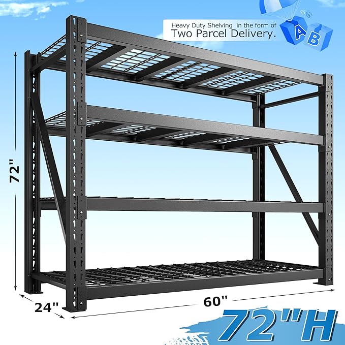 Bepatio 11000LBS Industrial Garage Shelving Heavy Duty, 4-Tier Adjustable Storage Shelves Metal Shelving, Industrial Shelving for Basement Warehouse Commercial Garage Shop, 72" H횞 60" W 횞 24" D, Black