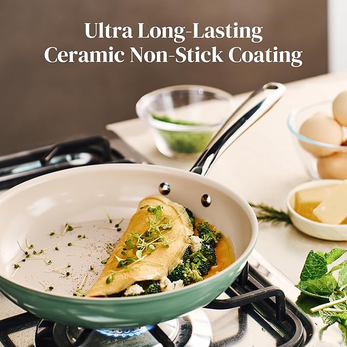 Redchef Non Stick Ceramic Frying Pan Set, Non Toxic Ceramic Pans for Cooking, 8" 9.5" 11" Skillet Set, No PFAS & PTFE & PFOA with Stainless Steel Handle, Dishwasher & Oven Safe Max up to 842째F (Green)