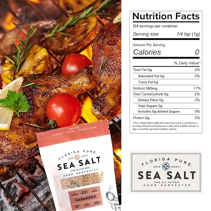FLORIDA PURE Habanero Sea Salt - 80+ Mineral Sea Salt, Natural, Unrefined, Non Iodized - for Baking, Cooking, Seasoning & Enhancing Taste - Rich Taste Flaky Sea Salt (3 oz Pouch)
