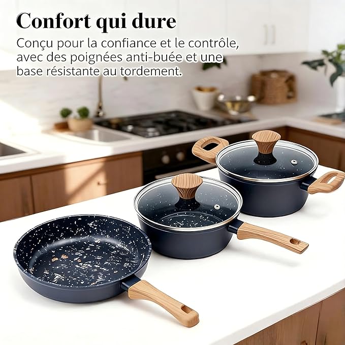 3-Piece Nonstick Cookware Set, 8.5 Inch Frying Pan & 2 Pots with Lids | PFAS & PFOA Free Non-Toxic Coating | Induction Compatible, Dishwasher Safe | Pots and Pans Set for Beginner Kitchen