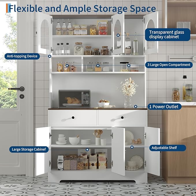 Garvee Kitchen Pantry Cabinet with Open Storage Shelves, 71" Tall Food Pantry Cabinet, Farmhouse Freestanding Kitchen Hutch with Countertop Glass Door Display & Charging Station for Dining Room