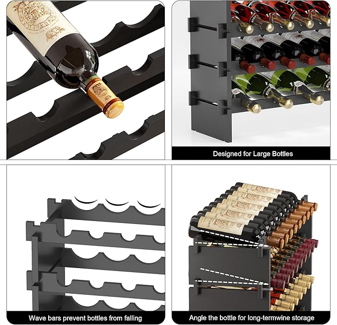 Wine Rack Freestanding Floor Bamboo Stackable Wine Storage Racks Wall Mounted, Modular Wine Bottle Stand Holder Display Shelf for Cabinet, Kitchen, Bar (Black)