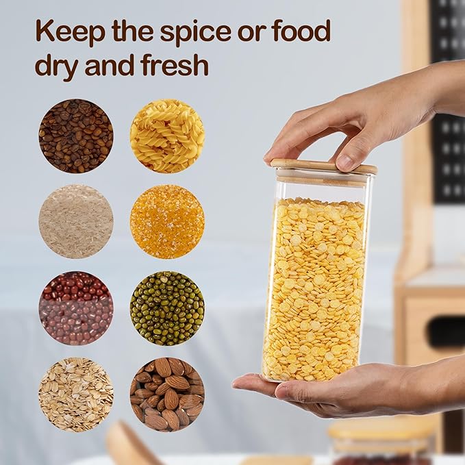 52oz Airtight Glass Square Storage Canister with Bamboo Lid Set of 3 (1550ml) Container Stackable Spice Jar, Kitchen Canister for Flour, Cookies, Cereal and Coffee beans (?럚ith Black Lable)