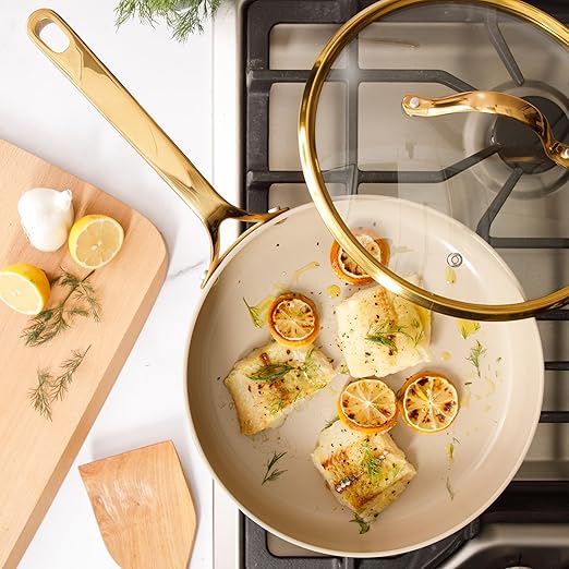 Bloomhouse - Two Time Oprah's Favorite Things Winner - 10 Inch Heavy Duty Aluminum Premium PFA Free Ceramic Nonstick Saute/Deep Frying Pan Skillet with Lid - Almond Cream w/Gold Handle