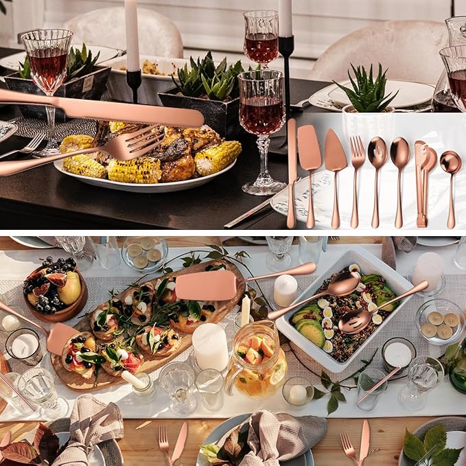 AARAINBOW Exquisite 8 Pieces Serving Utensils Set, Stainless Steel Serving Utensils with Serving Spoons, Food Serving Utensils Steel for Parties Buffet Home Serving Utensils Large (8 Rose Golden)…