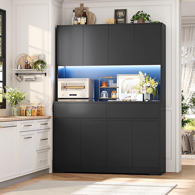 FINETONES 71" Tall Pantry Cabinet with LED Lights and Charging Station, 47.2" Wide Kitchen Pantry Storage Cabinet Kitchen Hutch with Microwave Stand, Tall Storage Cabinet for Living Room, Black