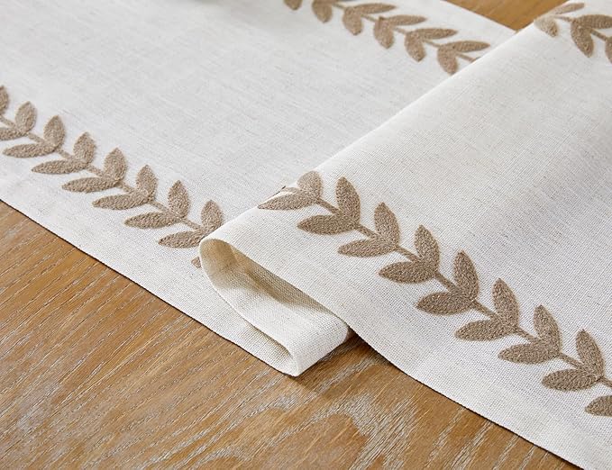 Wracra Embroidered Fall Table Runner Irregular Willow Leaf Table Runners 60 Inches Long for Dresser Home Dining Table Decor,14 x 60 Inch, Taupe
