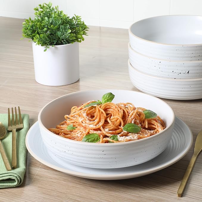 Gibson Home Dinah 16-Piece Matte White Stoneware Dinnerware Set ??Double Bowl, Embossed Speckled Design, Durable Kitchen Dinnerware