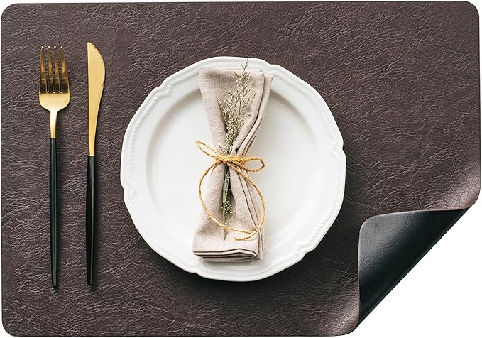 DOLOPL Placemats Set of 12 Reversible Dual-Color Table Place Mats ??Heat Resistant Wipeable & Brown Placemats, Luxury Faux Leather Table Mats for Vintage Dining Decor(Dark Brown & Black)