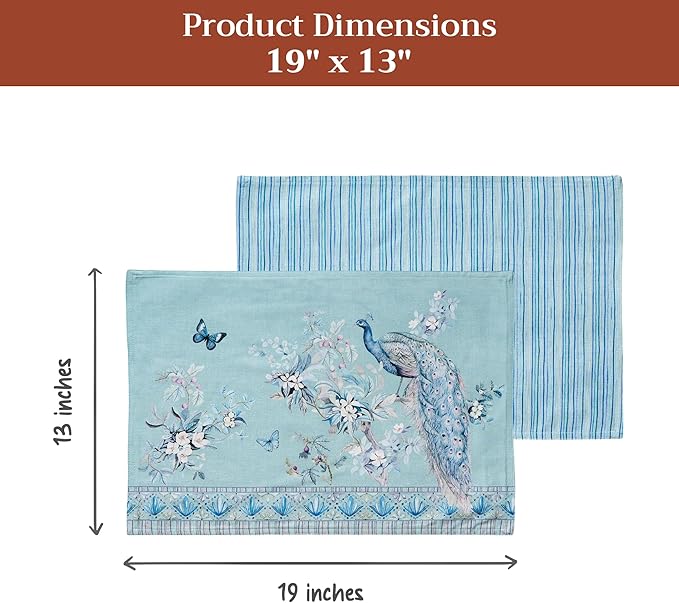 Maison d' Hermine Placemat 100% Combed Cotton Premium Set of 4 Decorative Washable Place Mats Table Cloth Placemat, Dining & Camping - Peacock Utopia - Pastel Turquoise(13"x19")