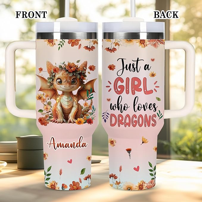 AGGLOMEKC Personalized Cute Dragon Cup - Mother's Day Birthday Gift For Animal Lovers - Just A Girl Who Loves Dragon Tumbler 40oz With Custom Name - Pet Lover Gifts For Women, Her
