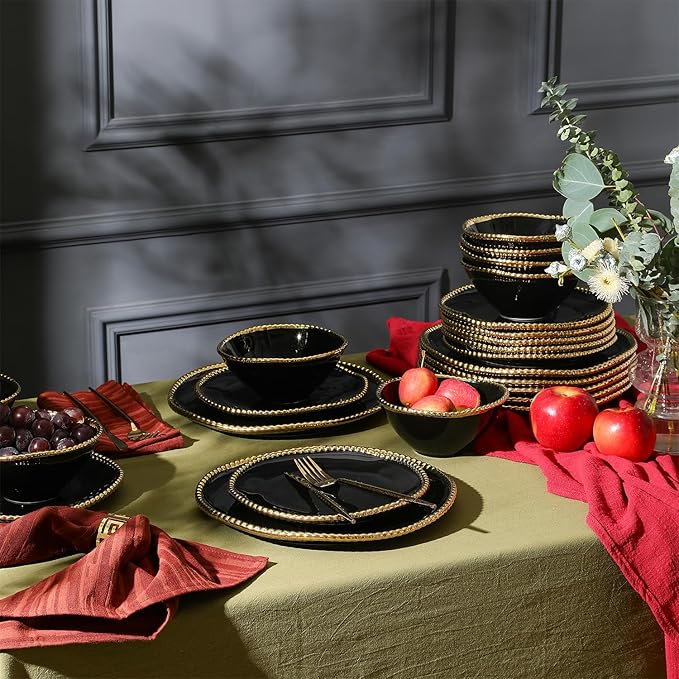 Christian Siriano Akoya Porcelain Dinnerware Set, 24-Piece - Dish Set for 8, Plates and Bowls Set, Black and Gold