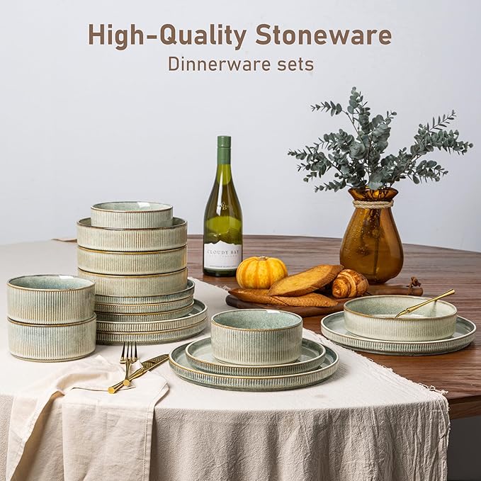 GBHOME Stoneware Dinnerware Sets for 4,Round Reactive Glaze Ceramic Plates and Bowls Set, Highly Scratch Resistant | Dishwasher & Microwave Safe Dishes Set,Service for 4(12Pcs),Desert Sage